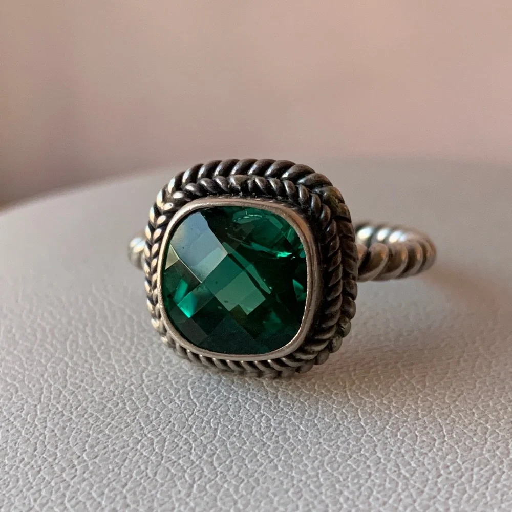 VINTAGE GREEN QUARTZ 925 STERLING SILVER TWISTED CABLE RING